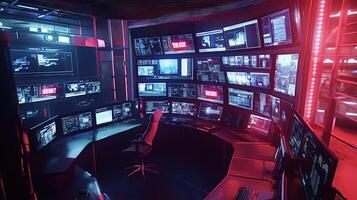 Modern cybersecurity center monitoring global network with multiple screens photo