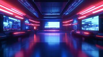 Futuristic command center showing data on multiple screens in neon lights photo