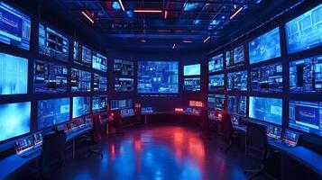 Modern cybersecurity center monitoring global network activity with multiple scr photo