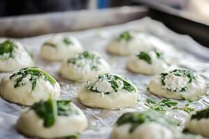 Baker preparing small spinach and ricotta filled buns on baking tray photo
