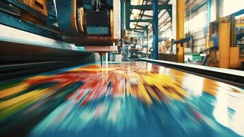 Printing machine creating colorful design on material in factory photo