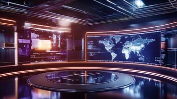 Futuristic command center showing global network and data analysis on screens photo