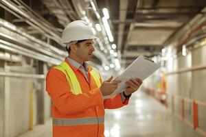 Industrial engineer reading documents and inspecting a pipeline system photo