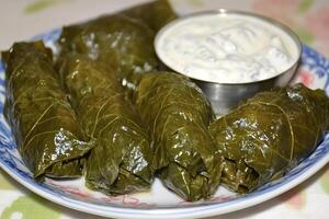 Stuffed grape leaves with yogurt sauce on decorative plate photo