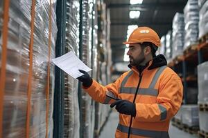 Warehouse worker checking inventory and comparing with delivery note photo