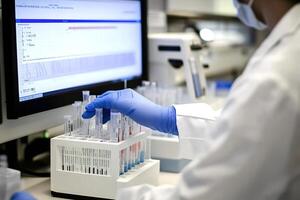 Scientist analyzing test tubes with medical data on computer screen photo
