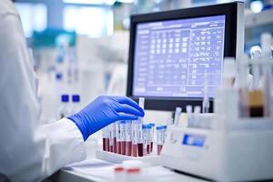 Scientist analyzing blood sample in modern laboratory with computer display data photo