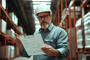 Supervisor checking inventory and pointing in warehouse photo