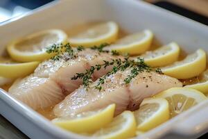 Fresh cod fillets baking with lemon and thyme in white dish photo