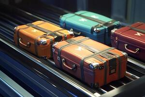 Luggage on conveyor belt moving in airport baggage claim photo