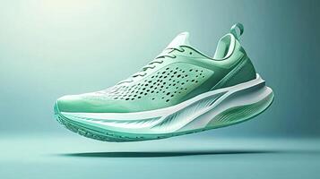 Modern teal running shoe floating on teal background photo