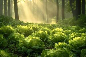 Sunbeams illuminating a field of lettuce in a forest photo