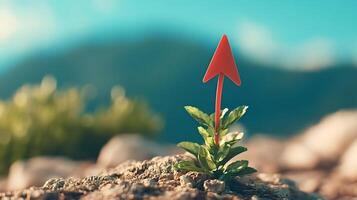Small plant growing from rocks with red upward arrow symbolizing growth photo