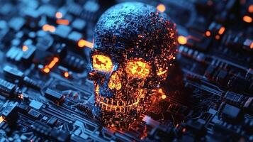 Glowing digital skull resembling microchip circuitry symbolizing cyber crime photo