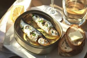 Sardines with lemon and parsley in a tin can, served with bread and white wine photo