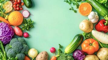 Fresh organic vegetables and fruits creating frame on green background photo