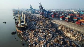 Cargo ships docked next to huge pile of garbage at port photo