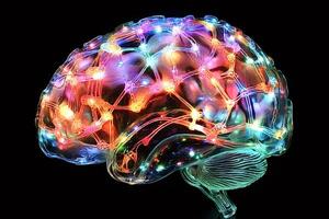 Glass brain model showing illuminated neural network on black background photo