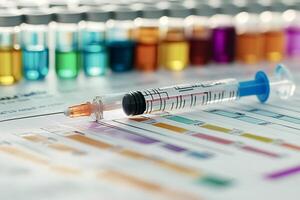 Syringe lying on medical chart with vials in background representing scientific photo