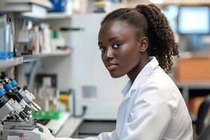 Scientist working with advanced microscope in modern laboratory photo