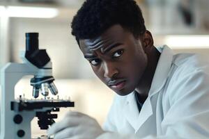Young scientist analyzing sample using microscope in laboratory photo