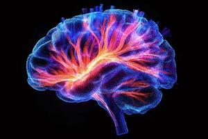 Glowing brain showing neural network and connections on black background photo