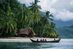 Natives sailing traditional pirogue near tropical island coastline with palm photo