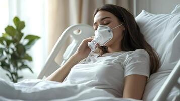 Sick patient breathing with oxygen mask in hospital bed photo