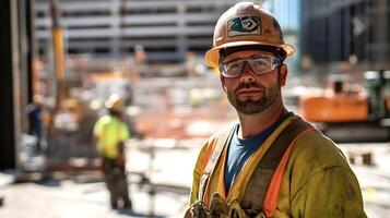 Construction worker wearing safety gear on building site photo