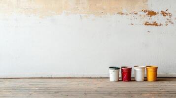 DIY Renovation Project Empty Room Image of Paint Buckets Minimalist Background Copyspace Available photo