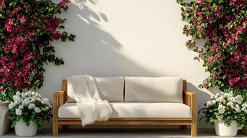 Relaxing Outdoor Sofa Surrounded by Vibrant Flowers Bright Background Copyspace for Design photo
