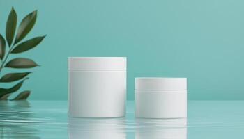 Elegant Skincare Products on Reflective Surface Minimalist Background Copyspace for Branding photo