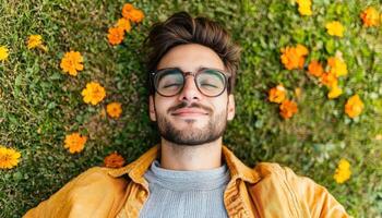 Man Relaxing Amidst Orange Flowers on Green Grass Background with Copyspace photo