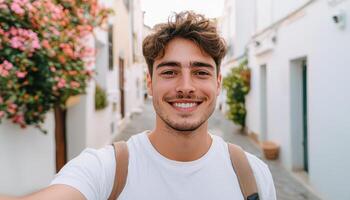 Smiling Young Man in a Charming Alley Travel Background with Copyspace for Custom Text photo