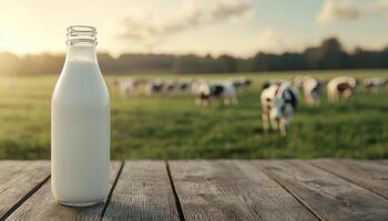 Fresh Milk in Glass Bottle Green Pasture Background Nature Scene Copyspace Available photo