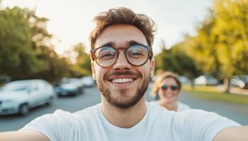 Joyful Smile of Young Man Outdoors Urban Park Background with Copyspace for Text photo