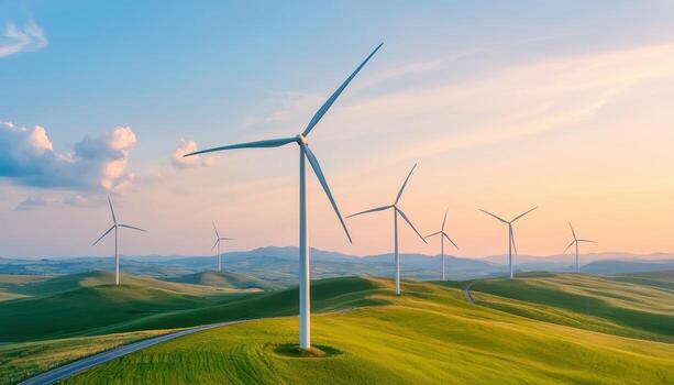 Wind Turbines Generating Clean Energy in Scenic Landscape Background with Copyspace photo