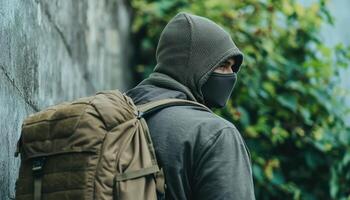 Stealthy Figure Urban Alley Candid Shot Nature Background Copyspace Available photo