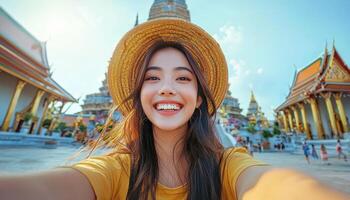 Cheerful Young Woman Taking Selfie at Temple in Thailand Background with Copyspace Vibrant Environment photo