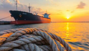 Cargo Ship at Sunset Port Marine Photography Tranquil Waters Close-Up View Background Copyspace photo