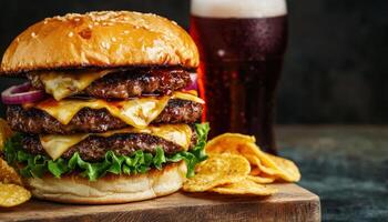 Juicy Triple Cheeseburger with Beer Kitchen Setting Food Photography Dark Background Copyspace photo