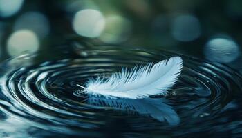 Floating White Feather on Tranquil Water Ripples Nature Background with Copyspace photo