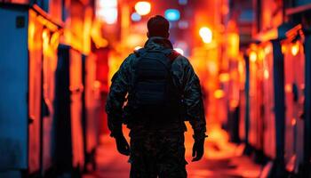 Soldier in Action Against Urban Background Night Scene Copyspace Opportunity photo