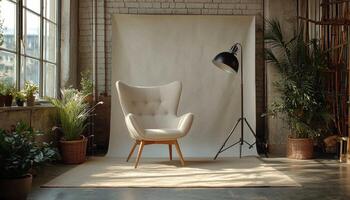 Stylish Armchair in Modern Studio Background with Copyspace for Design Natural Light Cozy Environment photo