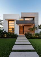 Modern House Design Residential Area Architecture Green Landscape Front View Copyspace Background photo