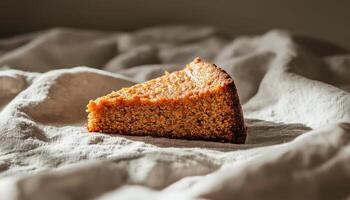 Delicious Cake Slice on Soft Fabric Background Copyspace for Text Natural Light Minimalist Style photo