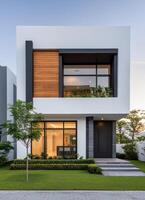 Modern House Architecture with Lush Garden Background and Copyspace Urban Environment Daylight View photo