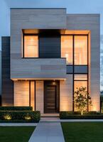 Modern Architecture Home Design Urban Setting Nighttime Image Clean Background Copyspace photo