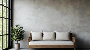 Modern Living Room Interior with Couch Natural Light Background and Copyspace photo