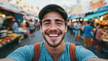 Joyful Young Man Smiling at Market Urban Background Copyspace for Engagement photo
